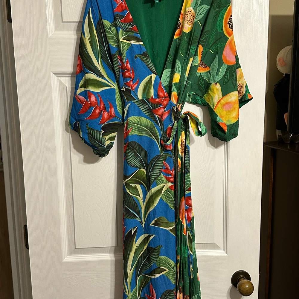 Farm Rio Tropical Wrap Dress with Leaf and Fruit Print